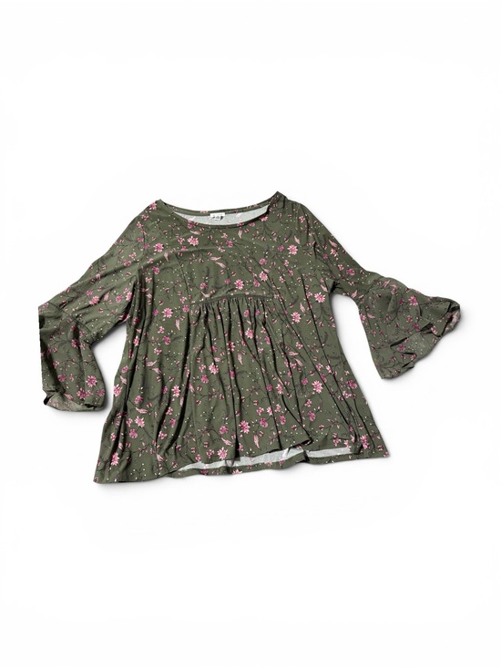 Westport Tops - Westport Olive Green Floral Swing Top with Bell Sleeves